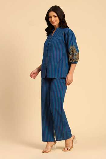 Shop_Dohr India_Blue Cotton Mandarin Collar Embroidered Shirt And Pant Set _Online_at_Aza_Fashions