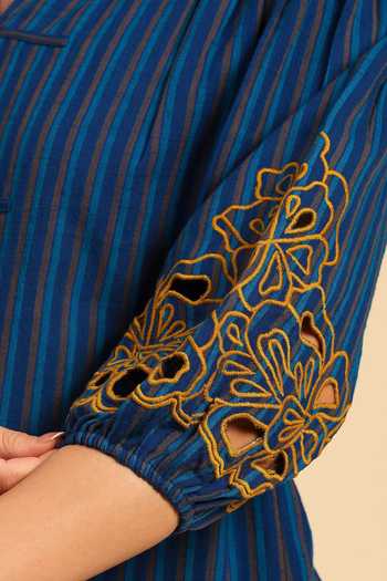 Buy_Dohr India_Blue Cotton Mandarin Collar Embroidered Shirt And Pant Set 