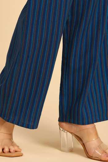 Shop_Dohr India_Blue Cotton Mandarin Collar Embroidered Shirt And Pant Set 