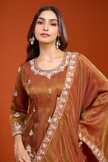 Buy Samyukta Singhania Brown Round Neck, Yes Embroidery Kurta Set With Dupatta Buy_Samyukta Singhania_Brown Round Neck, Yes Embroidery Kurta Set With Dupatta