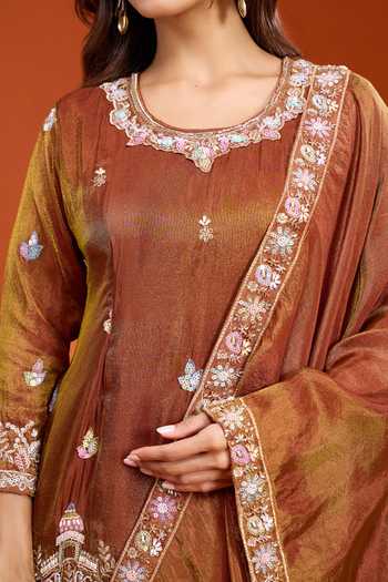Shop Samyukta Singhania Brown Round Neck, Yes Embroidery Kurta Set With Dupatta Shop_Samyukta Singhania_Brown Round Neck, Yes Embroidery Kurta Set With Dupatta