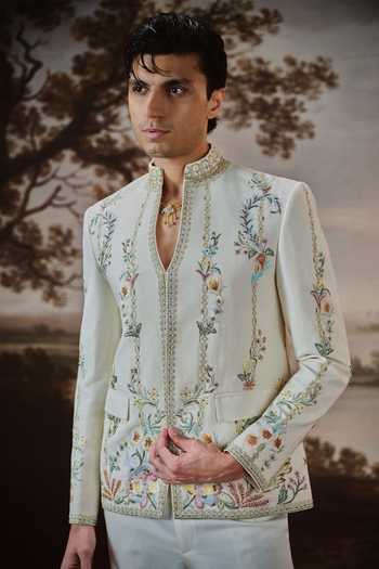 Mahima Mahajan Ivory Silk, , Linen, Cotton Zubyan Embroidered Bandhgala Jacket Set Online at Aza Fashions Mahima Mahajan_Ivory Silk, , Linen, Cotton Zubyan Embroidered Bandhgala Jacket Set _Online_at_Aza_Fashions