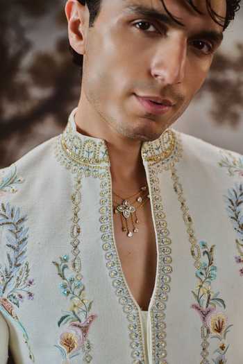 Shop Mahima Mahajan Ivory Silk, , Linen, Cotton Zubyan Embroidered Bandhgala Jacket Set Online at Aza Fashions Shop_Mahima Mahajan_Ivory Silk, , Linen, Cotton Zubyan Embroidered Bandhgala Jacket Set _Online_at_Aza_Fashions