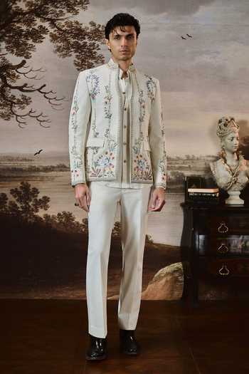 Mahima Mahajan Ivory Silk, , Linen, Cotton Zubyan Embroidered Bandhgala Jacket Set at Aza Fashions Mahima Mahajan_Ivory Silk, , Linen, Cotton Zubyan Embroidered Bandhgala Jacket Set _at_Aza_Fashions