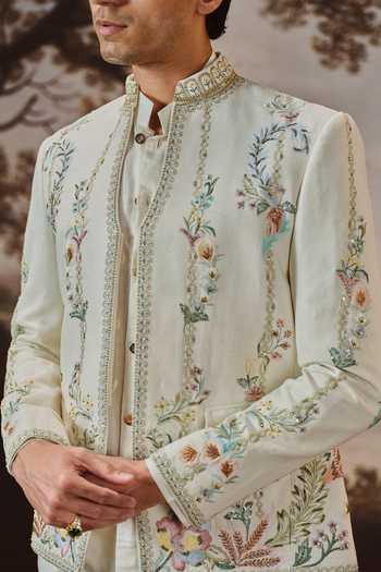 Buy Mahima Mahajan Ivory Silk, , Linen, Cotton Zubyan Embroidered Bandhgala Jacket Set Buy_Mahima Mahajan_Ivory Silk, , Linen, Cotton Zubyan Embroidered Bandhgala Jacket Set