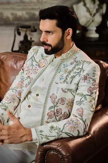 Mahima Mahajan_Ivory Chanderi, , Linen, Cotton Zohair Bandhgala Jacket Set _Online_at_Aza_Fashions