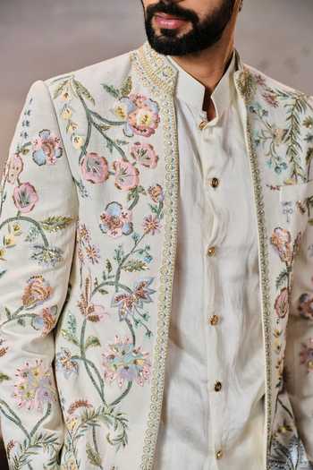 Buy_Mahima Mahajan_Ivory Chanderi, , Linen, Cotton Zohair Bandhgala Jacket Set _Online_at_Aza_Fashions