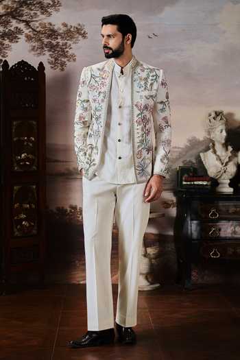 Shop_Mahima Mahajan_Ivory Chanderi, , Linen, Cotton Zohair Bandhgala Jacket Set _Online_at_Aza_Fashions