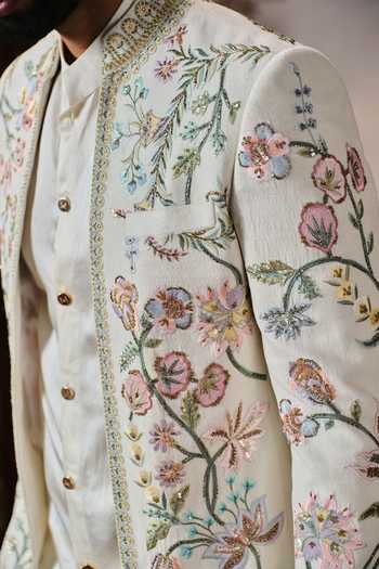 Mahima Mahajan_Ivory Chanderi, , Linen, Cotton Zohair Bandhgala Jacket Set _at_Aza_Fashions