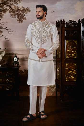 Mahima Mahajan Ivory Silk, Chanderi Zari Tamir Embroidered Bundi And Kurta Set Online at Aza Fashions Mahima Mahajan_Ivory Silk, Chanderi Zari Tamir Embroidered Bundi And Kurta Set _Online_at_Aza_Fashions