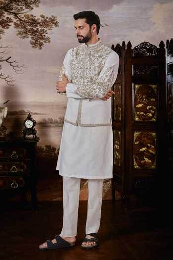 Buy Mahima Mahajan Ivory Silk, Chanderi Zari Tamir Embroidered Bundi And Kurta Set Online at Aza Fashions Buy_Mahima Mahajan_Ivory Silk, Chanderi Zari Tamir Embroidered Bundi And Kurta Set _Online_at_Aza_Fashions