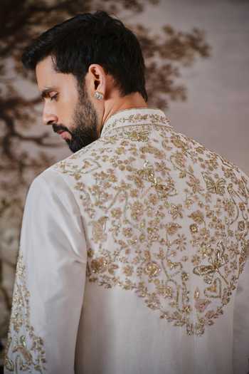 Shop Mahima Mahajan Ivory Silk, Chanderi Zari Tamir Embroidered Bundi And Kurta Set Online at Aza Fashions Shop_Mahima Mahajan_Ivory Silk, Chanderi Zari Tamir Embroidered Bundi And Kurta Set _Online_at_Aza_Fashions