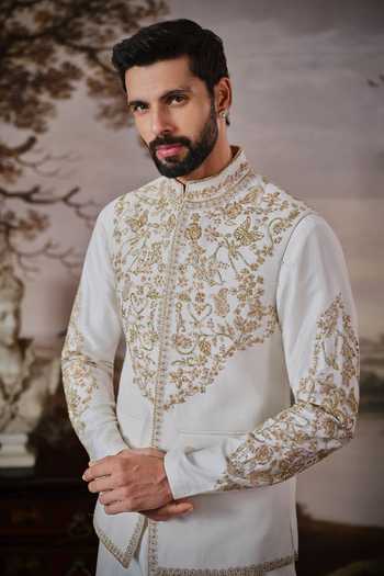 Mahima Mahajan Ivory Silk, Chanderi Zari Tamir Embroidered Bundi And Kurta Set at Aza Fashions Mahima Mahajan_Ivory Silk, Chanderi Zari Tamir Embroidered Bundi And Kurta Set _at_Aza_Fashions