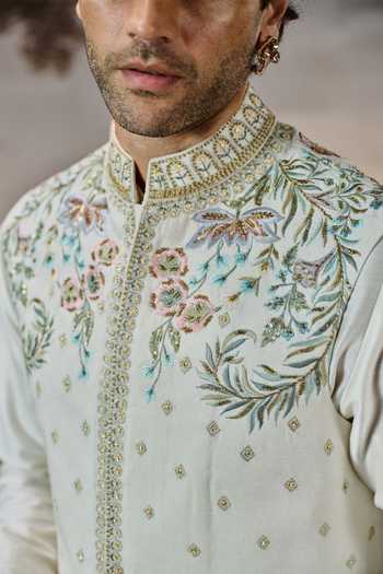 Mahima Mahajan Ivory Silk, Cotton, Chanderi Embroidery Charaf Bundi And Kurta Set Online at Aza Fashions Mahima Mahajan_Ivory Silk, Cotton, Chanderi Embroidery Charaf Bundi And Kurta Set _Online_at_Aza_Fashions