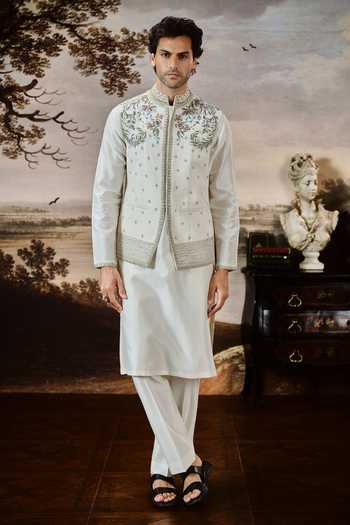 Shop Mahima Mahajan Ivory Silk, Cotton, Chanderi Embroidery Charaf Bundi And Kurta Set Online at Aza Fashions Shop_Mahima Mahajan_Ivory Silk, Cotton, Chanderi Embroidery Charaf Bundi And Kurta Set _Online_at_Aza_Fashions