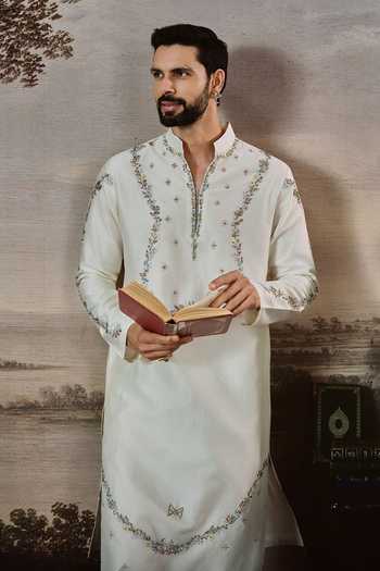 Mahima Mahajan Ivory Chanderi, Cotton Ishir Embroidered Kurta And Trouser Set Online at Aza Fashions Mahima Mahajan_Ivory Chanderi, Cotton Ishir Embroidered Kurta And Trouser Set _Online_at_Aza_Fashions