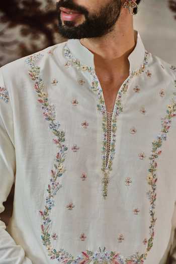 Shop Mahima Mahajan Ivory Chanderi, Cotton Ishir Embroidered Kurta And Trouser Set Online at Aza Fashions Shop_Mahima Mahajan_Ivory Chanderi, Cotton Ishir Embroidered Kurta And Trouser Set _Online_at_Aza_Fashions