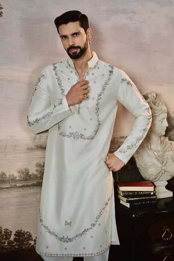 Mahima Mahajan Ivory Chanderi, Cotton Ishir Embroidered Kurta And Trouser Set at Aza Fashions Mahima Mahajan_Ivory Chanderi, Cotton Ishir Embroidered Kurta And Trouser Set _at_Aza_Fashions