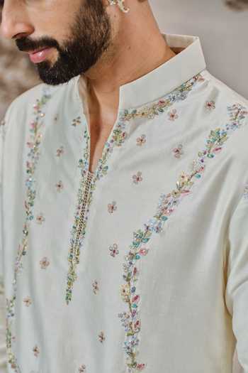 Shop Mahima Mahajan Ivory Chanderi, Cotton Ishir Embroidered Kurta And Trouser Set Shop_Mahima Mahajan_Ivory Chanderi, Cotton Ishir Embroidered Kurta And Trouser Set