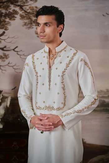 Shop Mahima Mahajan Ivory Chanderi Tariq Embroidered Kurta And Pant Set Online at Aza Fashions Shop_Mahima Mahajan_Ivory Chanderi Tariq Embroidered Kurta And Pant Set _Online_at_Aza_Fashions
