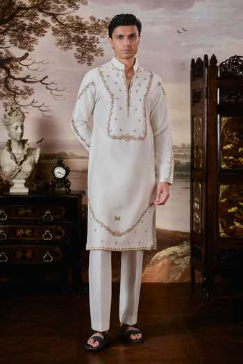 Shop Mahima Mahajan Ivory Chanderi Tariq Embroidered Kurta And Pant Set Shop_Mahima Mahajan_Ivory Chanderi Tariq Embroidered Kurta And Pant Set