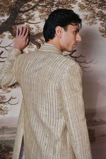 Shop Mahima Mahajan Beige Silk, Cotton Satin Vidhart Embroidered Sherwani Set Online at Aza Fashions Shop_Mahima Mahajan_Beige Silk, Cotton Satin Vidhart Embroidered Sherwani Set _Online_at_Aza_Fashions