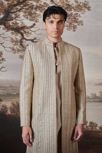 Mahima Mahajan Beige Silk, Cotton Satin Vidhart Embroidered Sherwani Set at Aza Fashions Mahima Mahajan_Beige Silk, Cotton Satin Vidhart Embroidered Sherwani Set _at_Aza_Fashions