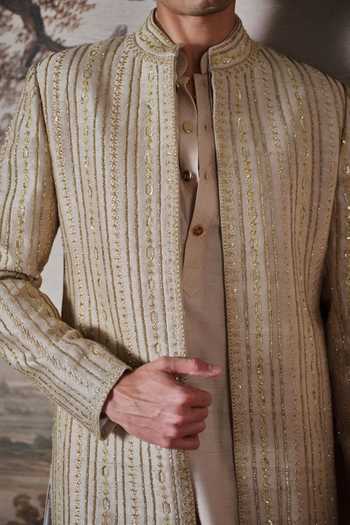 Buy Mahima Mahajan Beige Silk, Cotton Satin Vidhart Embroidered Sherwani Set Buy_Mahima Mahajan_Beige Silk, Cotton Satin Vidhart Embroidered Sherwani Set