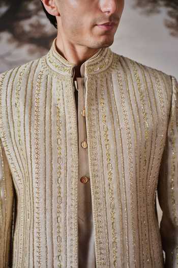 Shop Mahima Mahajan Beige Silk, Cotton Satin Vidhart Embroidered Sherwani Set Shop_Mahima Mahajan_Beige Silk, Cotton Satin Vidhart Embroidered Sherwani Set