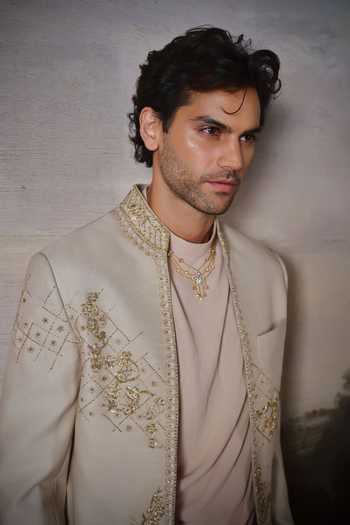 Buy Mahima Mahajan Beige Chanderi, Crepe, Cotton Satin Iyas Embroidered Bandhgala Jacket Set Online at Aza Fashions Buy_Mahima Mahajan_Beige Chanderi, Crepe, Cotton Satin Iyas Embroidered Bandhgala Jacket Set _Online_at_Aza_Fashions
