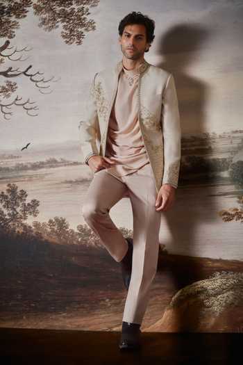 Shop Mahima Mahajan Beige Chanderi, Crepe, Cotton Satin Iyas Embroidered Bandhgala Jacket Set Online at Aza Fashions Shop_Mahima Mahajan_Beige Chanderi, Crepe, Cotton Satin Iyas Embroidered Bandhgala Jacket Set _Online_at_Aza_Fashions