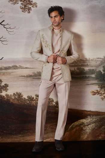 Mahima Mahajan Beige Chanderi, Crepe, Cotton Satin Iyas Embroidered Bandhgala Jacket Set at Aza Fashions Mahima Mahajan_Beige Chanderi, Crepe, Cotton Satin Iyas Embroidered Bandhgala Jacket Set _at_Aza_Fashions