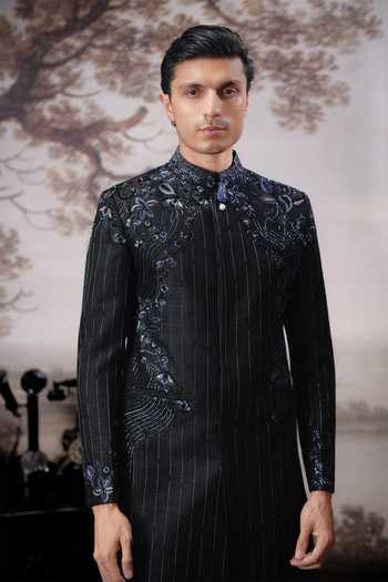 Shop Mahima Mahajan Black Silk, Cotton Satin Advik Embroidered Sherwani Set Online at Aza Fashions Shop_Mahima Mahajan_Black Silk, Cotton Satin Advik Embroidered Sherwani Set _Online_at_Aza_Fashions