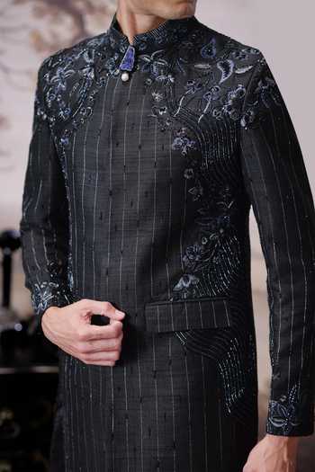 Mahima Mahajan Black Silk, Cotton Satin Advik Embroidered Sherwani Set at Aza Fashions Mahima Mahajan_Black Silk, Cotton Satin Advik Embroidered Sherwani Set _at_Aza_Fashions