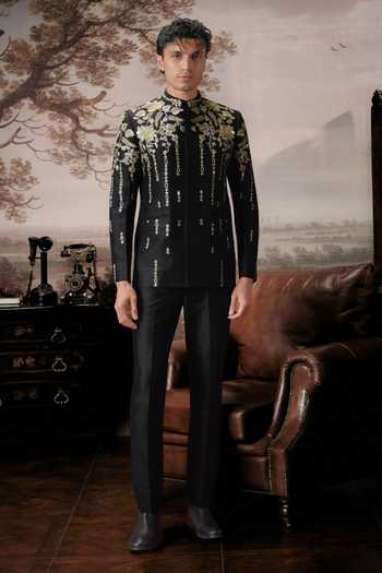 Buy_Mahima Mahajan_Black Silk Embroidery, Zari Riaan Bandhgala And Trouser Set _Online_at_Aza_Fashions