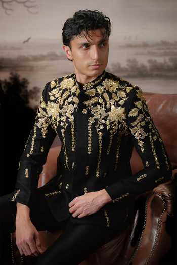 Shop_Mahima Mahajan_Black Silk Embroidery, Zari Riaan Bandhgala And Trouser Set _Online_at_Aza_Fashions