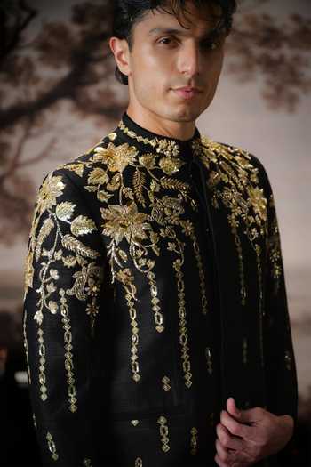 Mahima Mahajan_Black Silk Embroidery, Zari Riaan Bandhgala And Trouser Set _at_Aza_Fashions