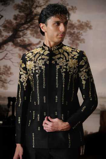 Buy_Mahima Mahajan_Black Silk Embroidery, Zari Riaan Bandhgala And Trouser Set 