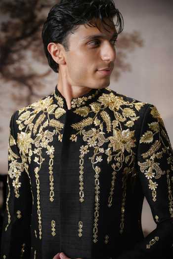 Shop_Mahima Mahajan_Black Silk Embroidery, Zari Riaan Bandhgala And Trouser Set 