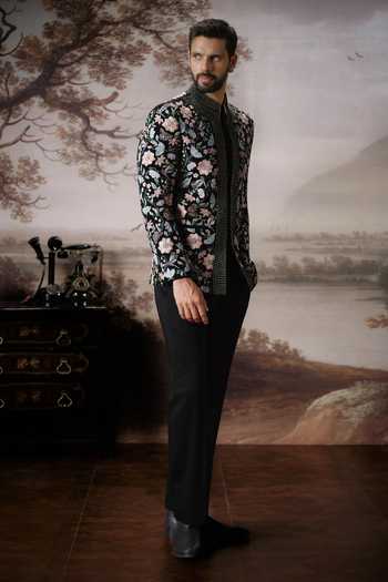 Buy_Mahima Mahajan_Black Cotton Satin, Silk Embroidery Viaan Bandhgala And Trouser Set _Online_at_Aza_Fashions