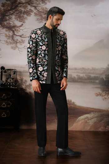 Shop_Mahima Mahajan_Black Cotton Satin, Silk Embroidery Viaan Bandhgala And Trouser Set _Online_at_Aza_Fashions