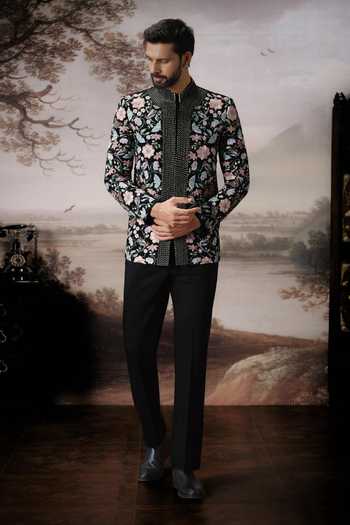 Mahima Mahajan_Black Cotton Satin, Silk Embroidery Viaan Bandhgala And Trouser Set _at_Aza_Fashions