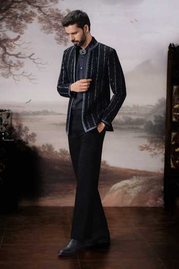 Mahima Mahajan Black Silk, Chanderi, Cotton Satin Embroidery Avik Bandhgala Jacket Set at Aza Fashions Mahima Mahajan_Black Silk, Chanderi, Cotton Satin Embroidery Avik Bandhgala Jacket Set _at_Aza_Fashions
