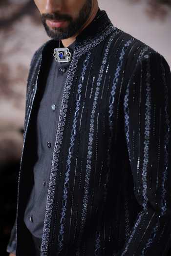 Buy Mahima Mahajan Black Silk, Chanderi, Cotton Satin Embroidery Avik Bandhgala Jacket Set Buy_Mahima Mahajan_Black Silk, Chanderi, Cotton Satin Embroidery Avik Bandhgala Jacket Set