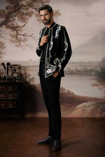 Mahima Mahajan Black Silk, , Linen, Cotton Embroidery Adrit Bandhgala Jacket Set Online at Aza Fashions Mahima Mahajan_Black Silk, , Linen, Cotton Embroidery Adrit Bandhgala Jacket Set _Online_at_Aza_Fashions