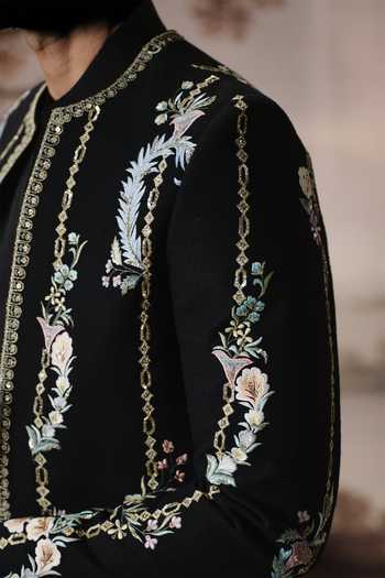 Buy Mahima Mahajan Black Silk, , Linen, Cotton Embroidery Adrit Bandhgala Jacket Set Online at Aza Fashions Buy_Mahima Mahajan_Black Silk, , Linen, Cotton Embroidery Adrit Bandhgala Jacket Set _Online_at_Aza_Fashions
