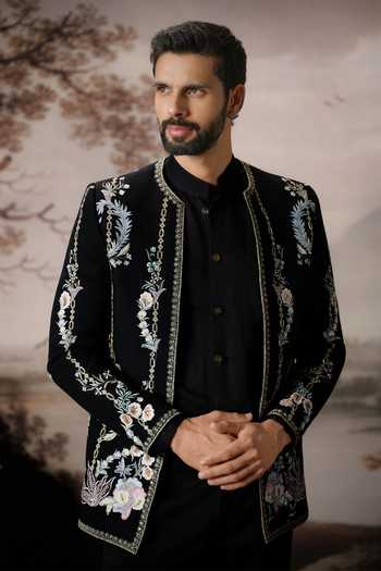 Shop Mahima Mahajan Black Silk, , Linen, Cotton Embroidery Adrit Bandhgala Jacket Set Online at Aza Fashions Shop_Mahima Mahajan_Black Silk, , Linen, Cotton Embroidery Adrit Bandhgala Jacket Set _Online_at_Aza_Fashions