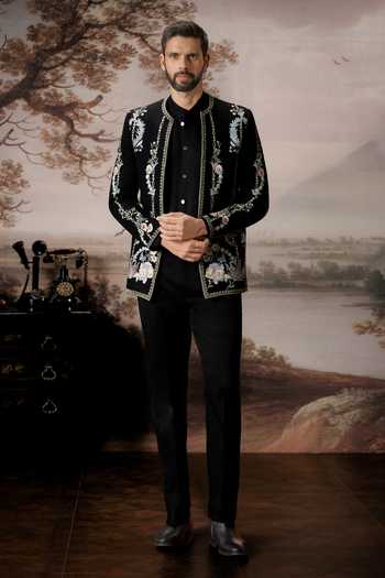 Buy Mahima Mahajan Black Silk, , Linen, Cotton Embroidery Adrit Bandhgala Jacket Set Buy_Mahima Mahajan_Black Silk, , Linen, Cotton Embroidery Adrit Bandhgala Jacket Set