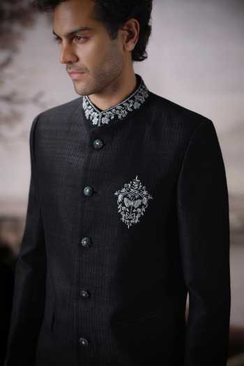 Buy Mahima Mahajan Black Silk, Cotton Embroidery Tavish Bandhgala And Trouser Set Online at Aza Fashions Buy_Mahima Mahajan_Black Silk, Cotton Embroidery Tavish Bandhgala And Trouser Set _Online_at_Aza_Fashions