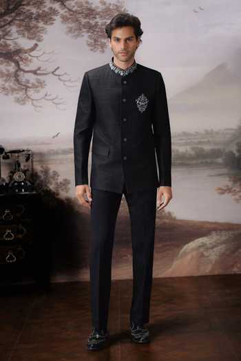Mahima Mahajan Black Silk, Cotton Embroidery Tavish Bandhgala And Trouser Set at Aza Fashions Mahima Mahajan_Black Silk, Cotton Embroidery Tavish Bandhgala And Trouser Set _at_Aza_Fashions